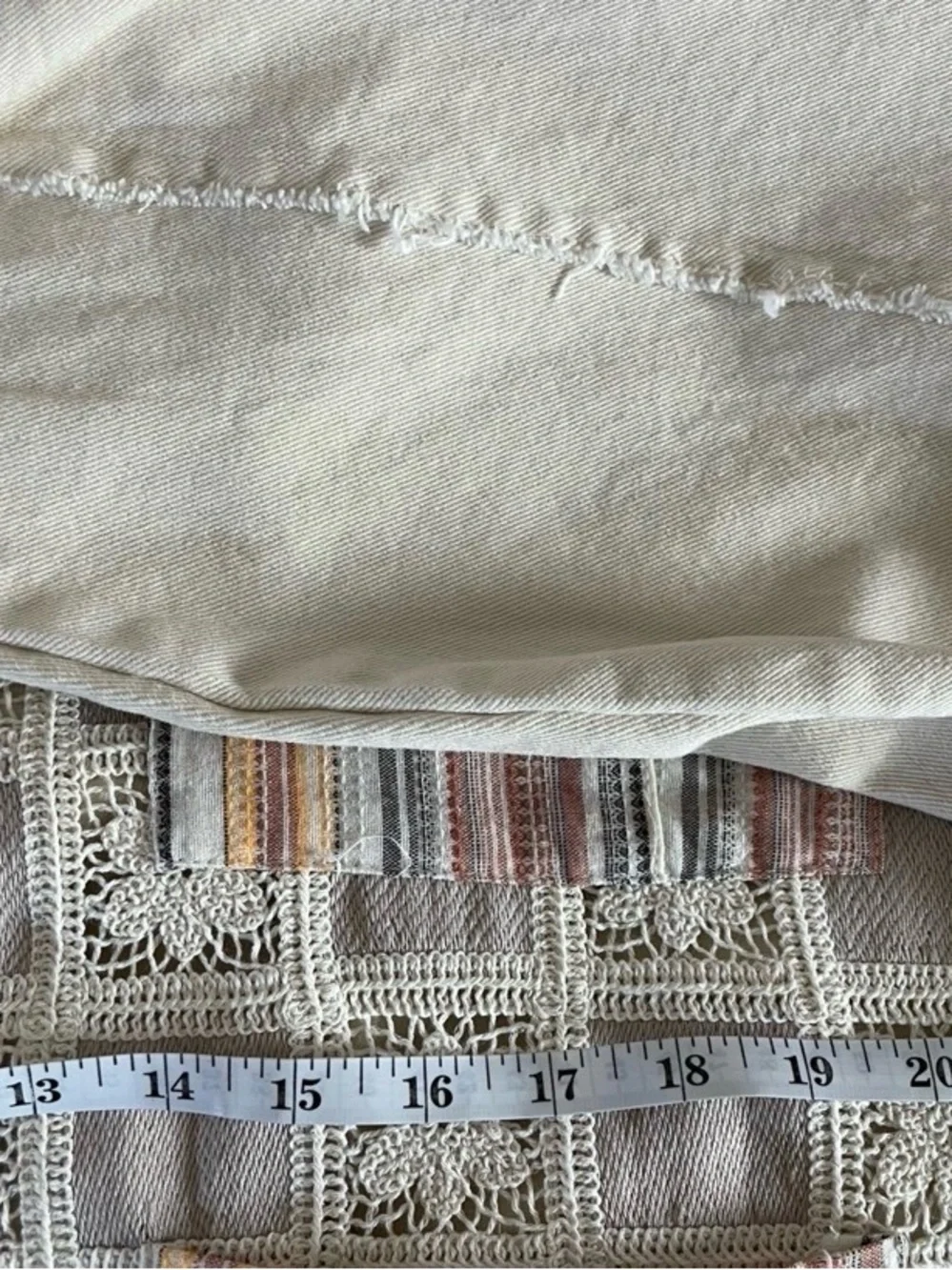 POL Patchwork Lace Trucker Jacket in Beige with Pastel Stripes